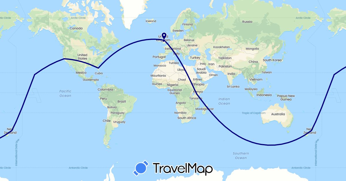TravelMap itinerary: driving in United Kingdom, Kenya, New Zealand, United States (Africa, Europe, North America, Oceania)